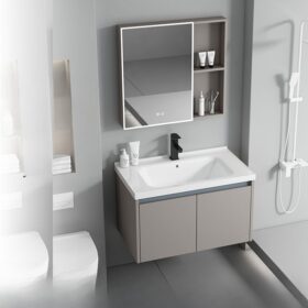 Modern wall-mounted bathroom vanity unit with sink, mirror cabinet, and shelves.